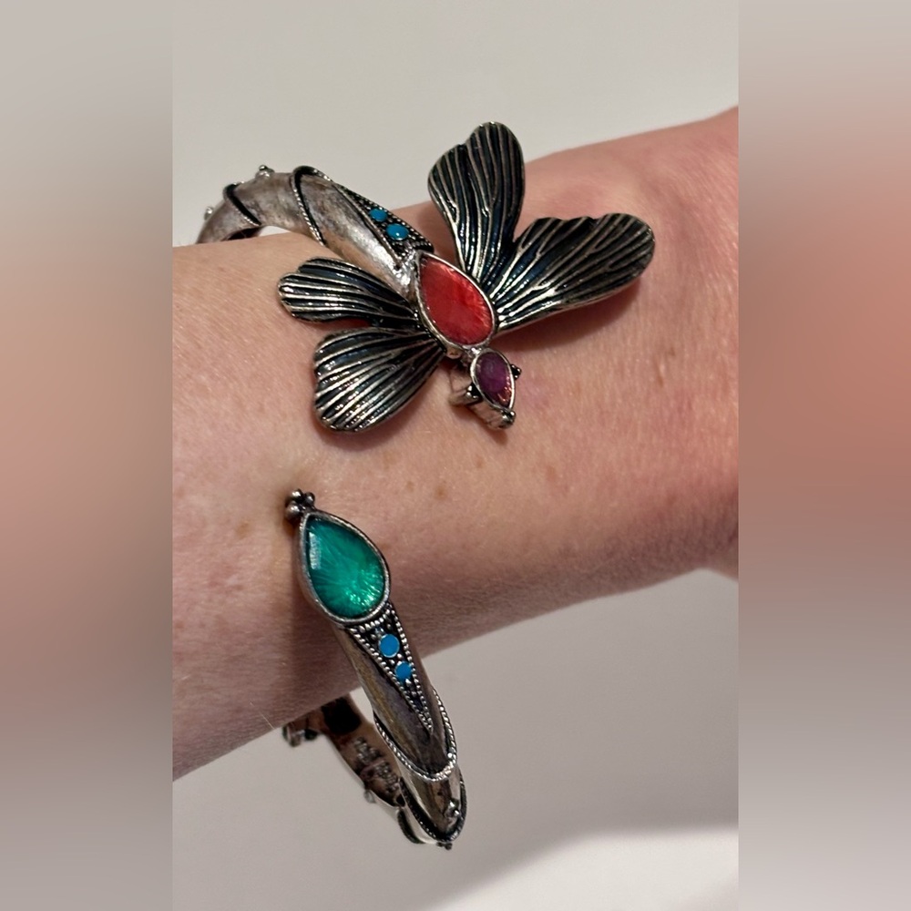 Elegant Silver Dragonfly Bracelet with Red and Green Accents